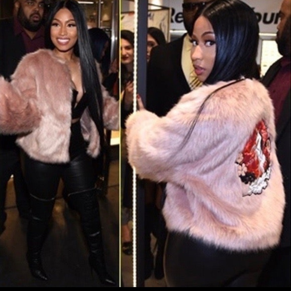 H&M x Nicki Minaj pink faux fur jacket